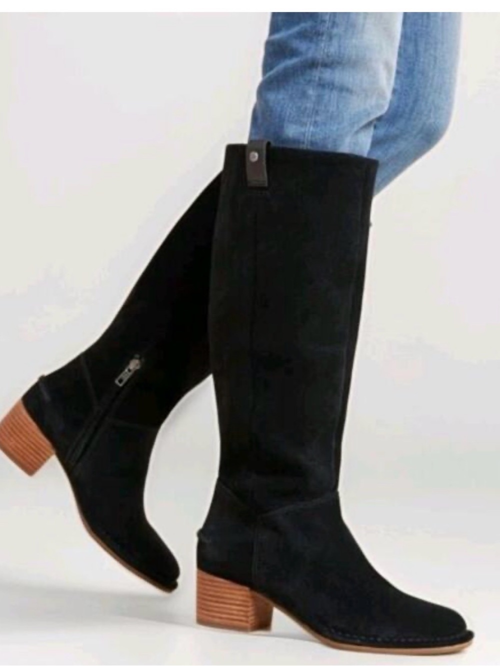 UGG Arana Black Suede Knee-High wood block Heeled Boots